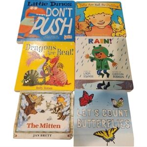 Board books Dinos Don't Push, Tails are Not for Pulling, & others